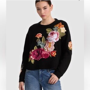 Alice + Olivia Black Sweater with Vibrant Floral Embroidery